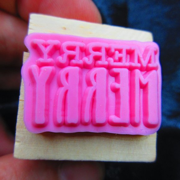 Merry Merry Wood Mounted Stamp 1.25" X 1.25" - Picture 2 of 3